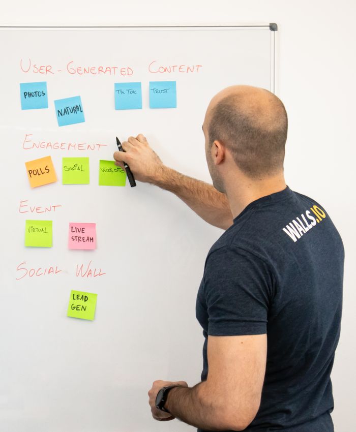 who-we-are Man analyzing marketing content strategies using sticky notes on a whiteboard.